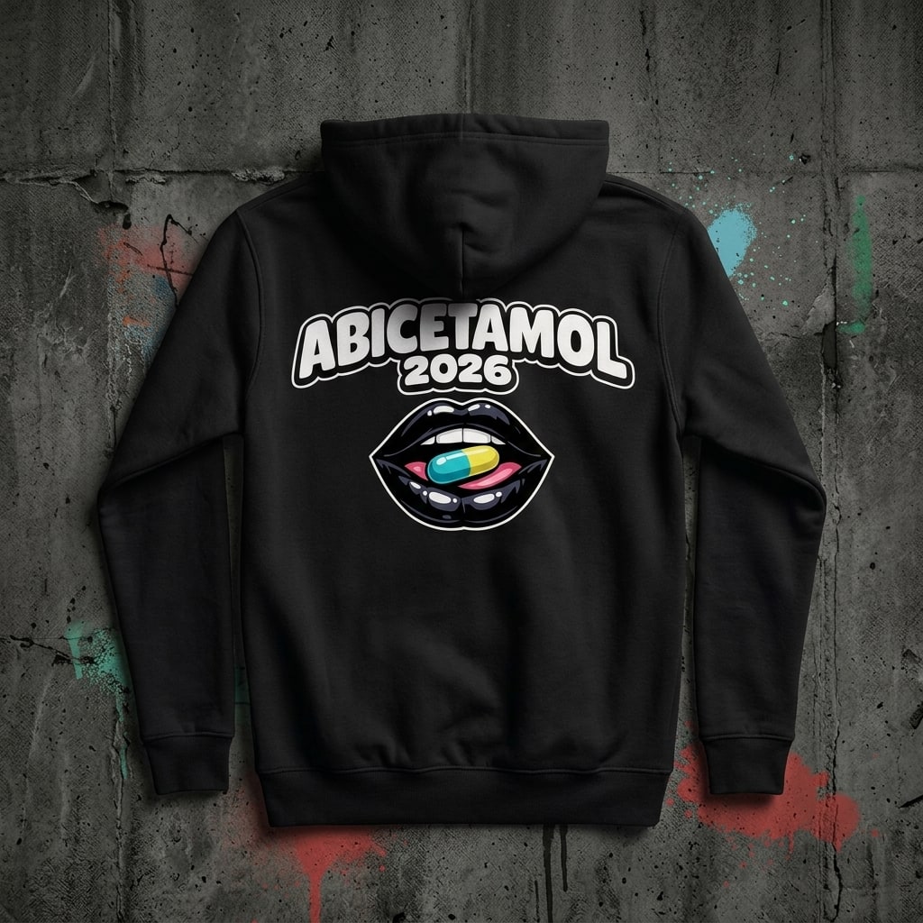 ABICETAMOL 2026 hoodie back print with pill motif – Stoff3 Kassel
